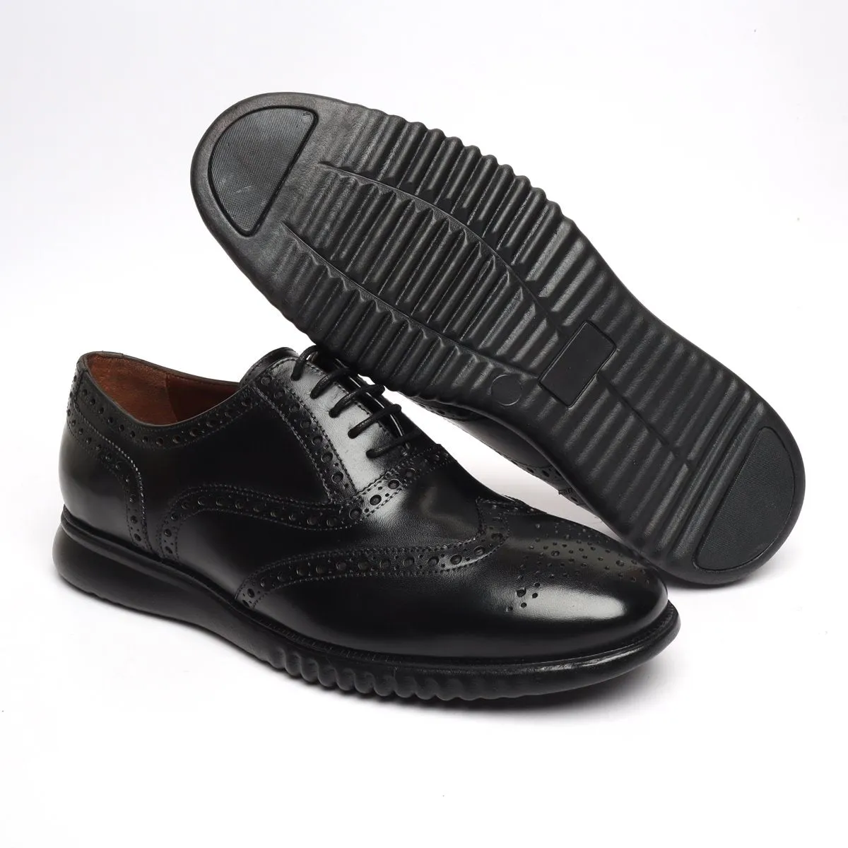 Light Weight Collection Black Leather Brogue Shoe with Flat Cushioned Sole