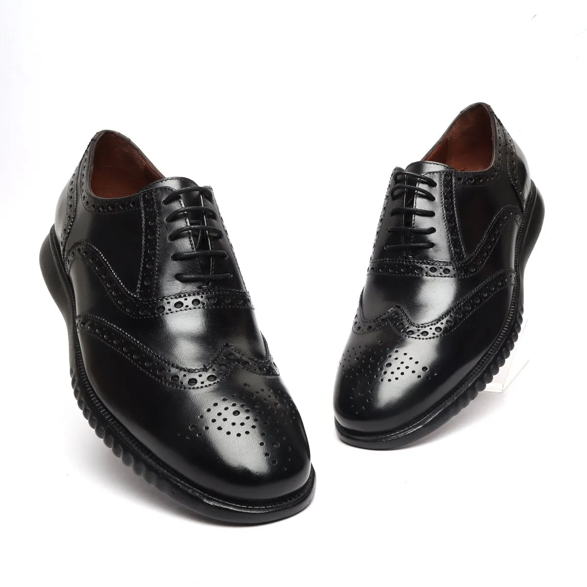 Light Weight Collection Black Leather Brogue Shoe with Flat Cushioned Sole