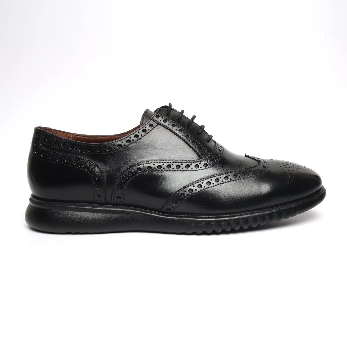 Light Weight Collection Black Leather Brogue Shoe with Flat Cushioned Sole