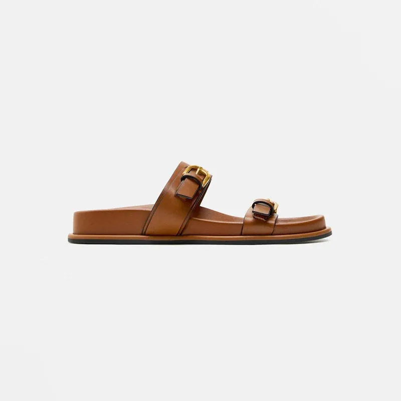 Lucia Buckle Leather Slides