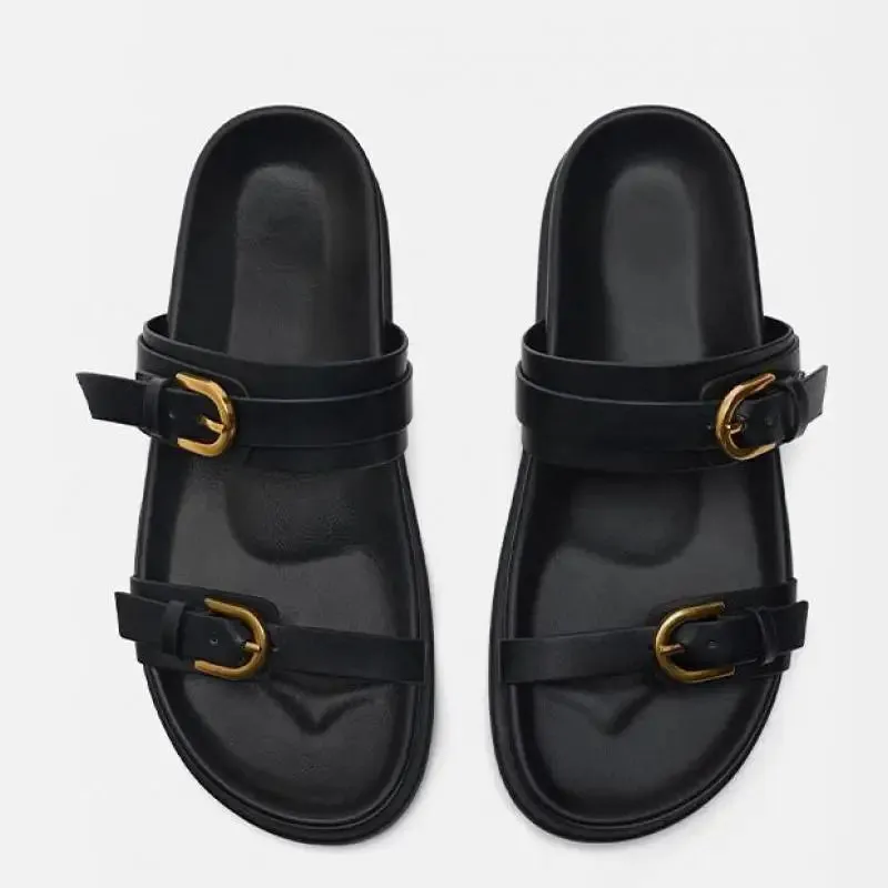 Lucia Buckle Leather Slides