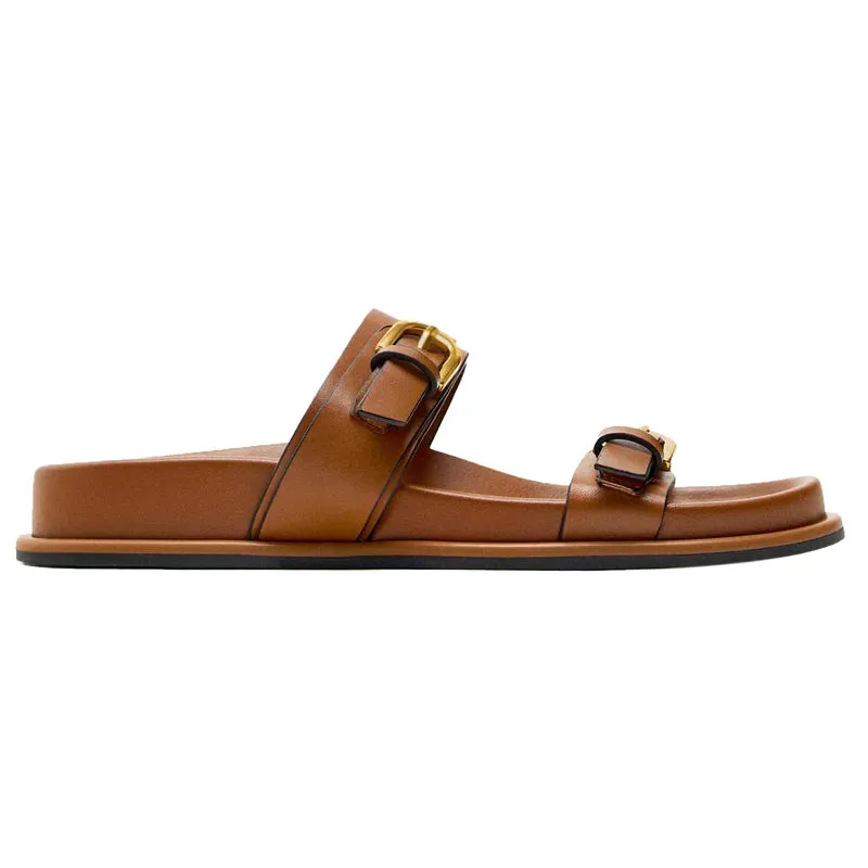Lucia Buckle Leather Slides