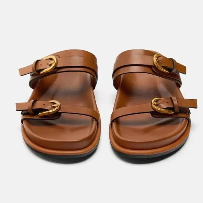Lucia Buckle Leather Slides