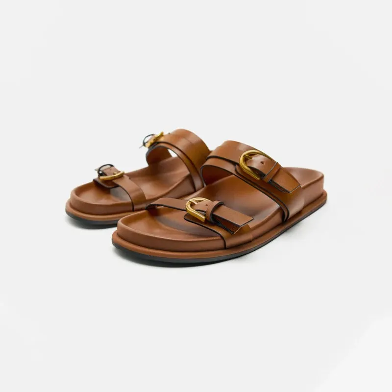 Lucia Buckle Leather Slides