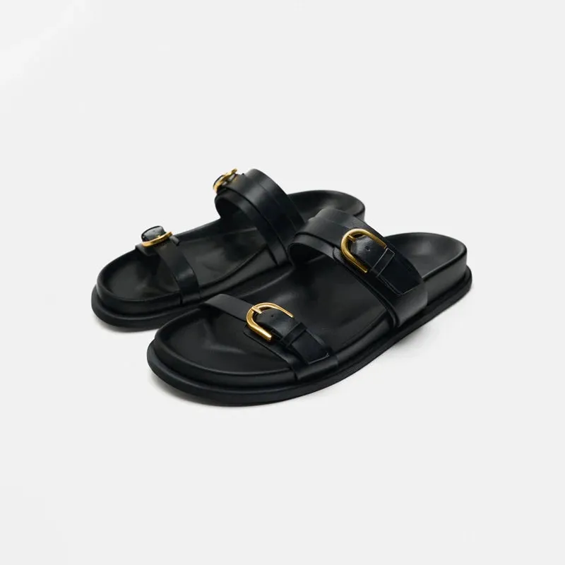 Lucia Buckle Leather Slides