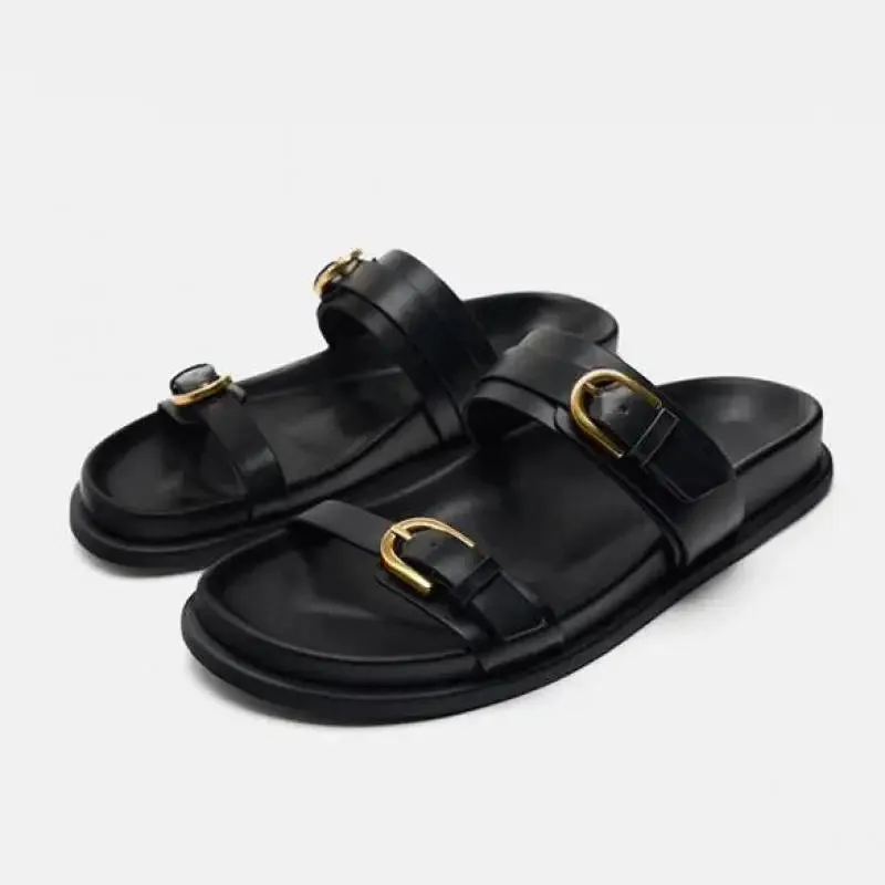 Lucia Buckle Leather Slides