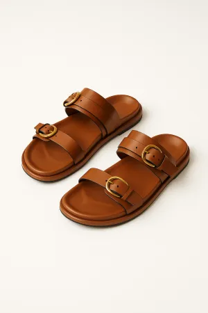 Lucia Buckle Leather Slides