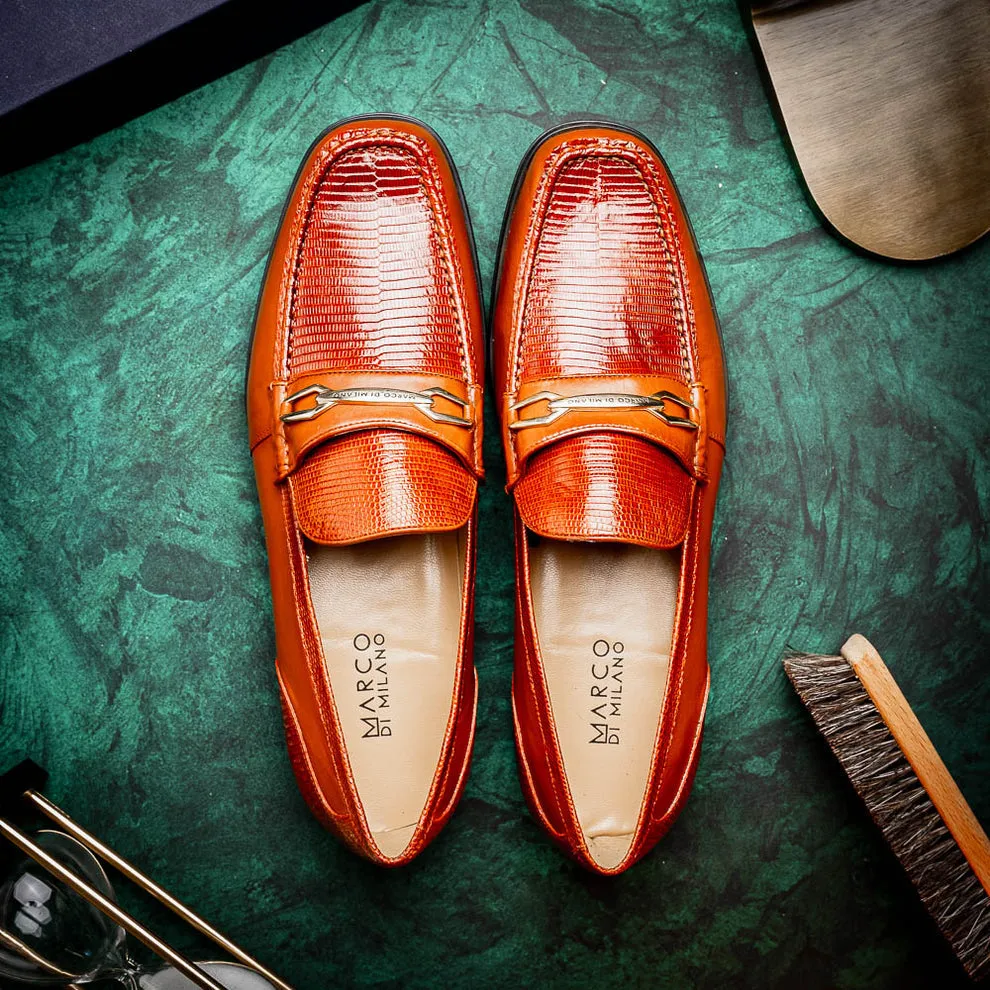 Marco Di Milano Hugo Cognac Lizard & Calfskin Bit Loafers