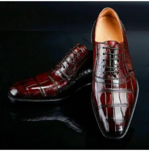 Men's Maroon Crocodile Texture Leather Lace-Up Dress Shoes