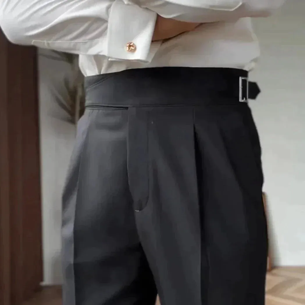 Men’s Pleated Trousers – High Waist – Side Buckle – Tapered Leg – Sophisticated Fit