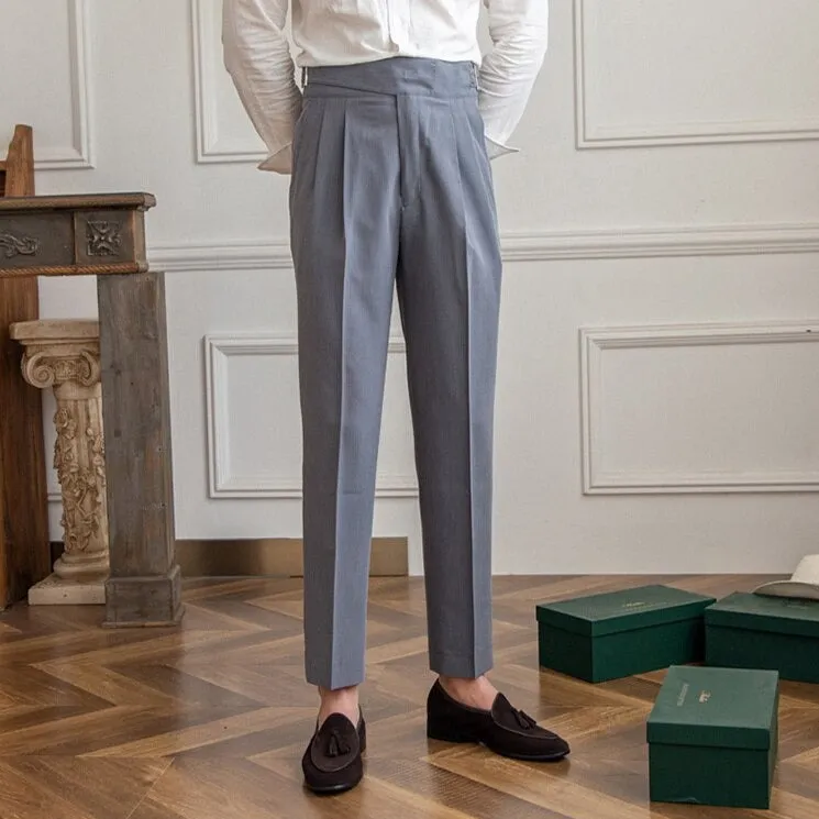 Men’s Pleated Trousers – High Waist – Side Buckle – Tapered Leg – Sophisticated Fit