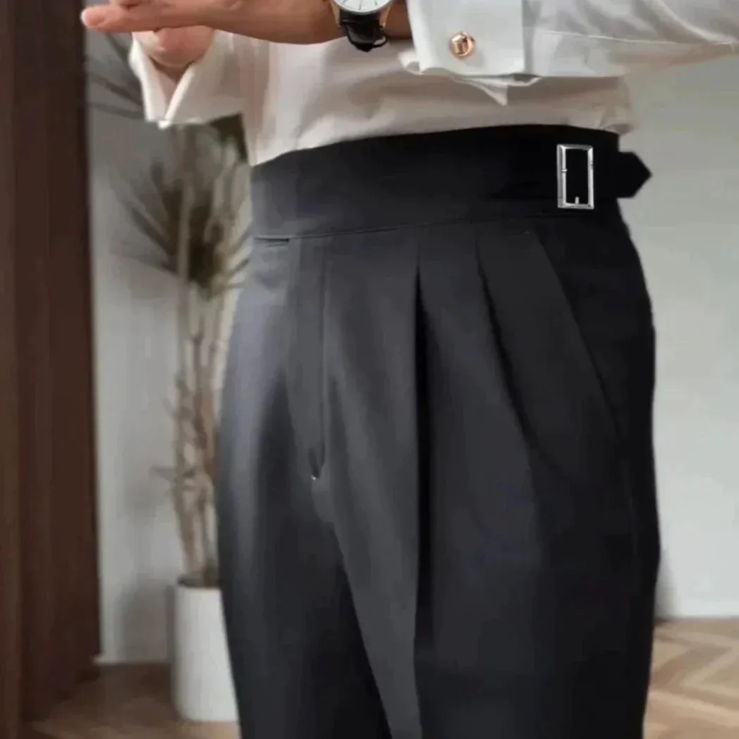 Men’s Pleated Trousers – High Waist – Side Buckle – Tapered Leg – Sophisticated Fit
