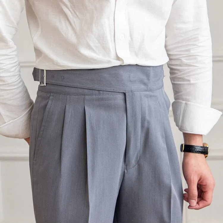 Men’s Pleated Trousers – High Waist – Side Buckle – Tapered Leg – Sophisticated Fit