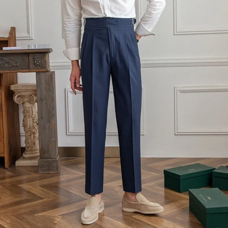 Men’s Pleated Trousers – High Waist – Side Buckle – Tapered Leg – Sophisticated Fit