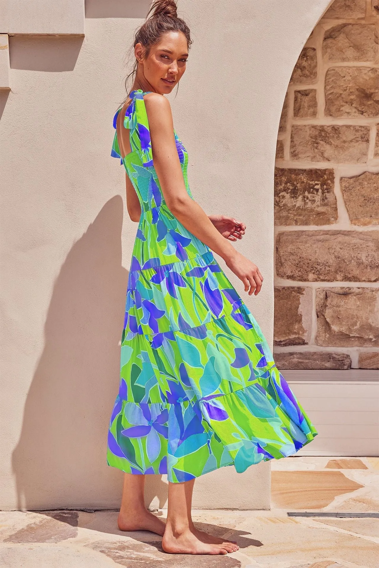 Midikleid mit grün/blauem Druck