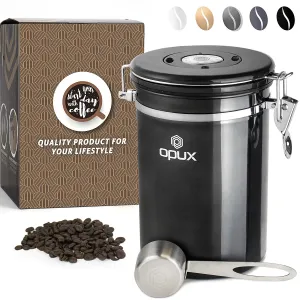 OPUX Airtight Coffee Canister | Stainless Steel Coffee Storage Container with Scoop | Large Ground Coffee Bean Jar with CO2 Release Valve and Date Tracker (21 oz Gunmetal)