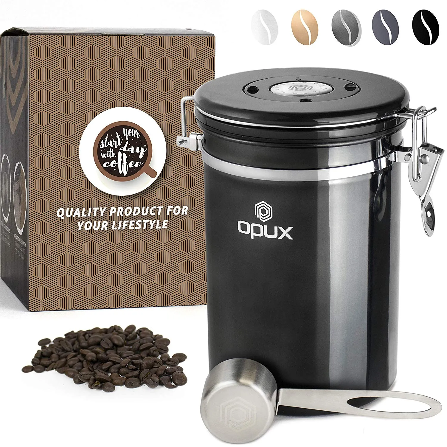OPUX Airtight Coffee Canister | Stainless Steel Coffee Storage Container with Scoop | Large Ground Coffee Bean Jar with CO2 Release Valve and Date Tracker (21 oz Gunmetal)