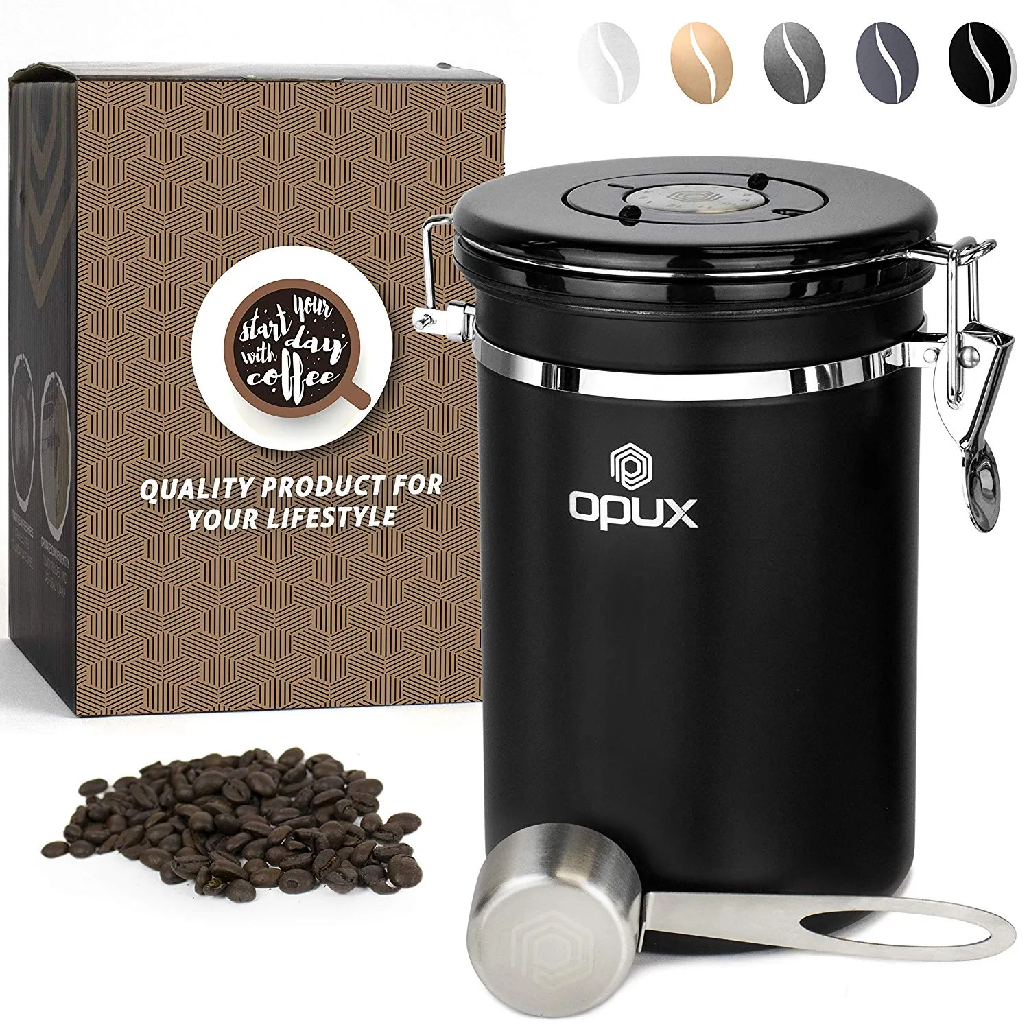 OPUX Stainless Steel Coffee Canister | Large Airtight Coffee Container with Scoop | Coffee Storage with CO2 Valve (21 oz Matte Black)