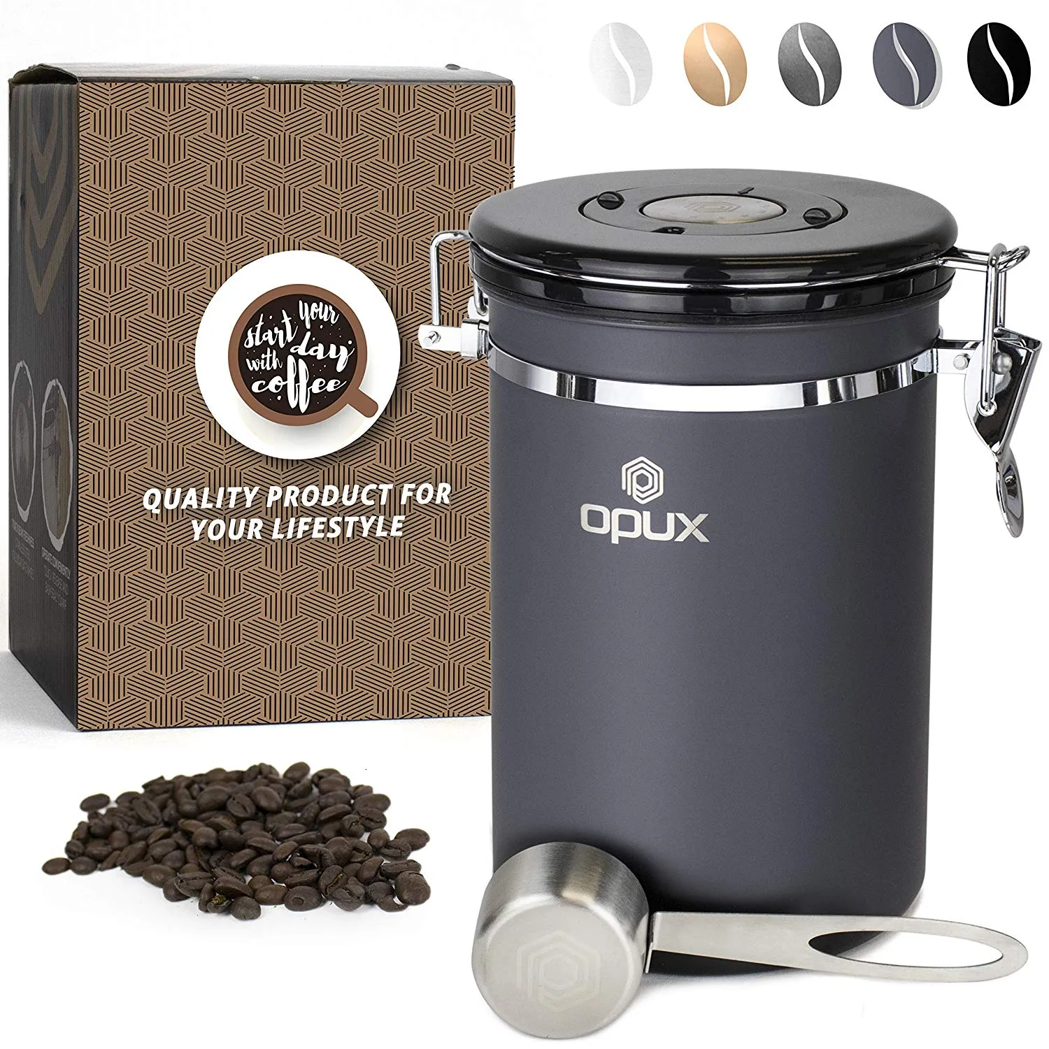 OPUX Stainless Steel Coffee Canister | Large Airtight Coffee Container with Scoop | Coffee Storage with CO2 Valve (21 oz Matte Grey)