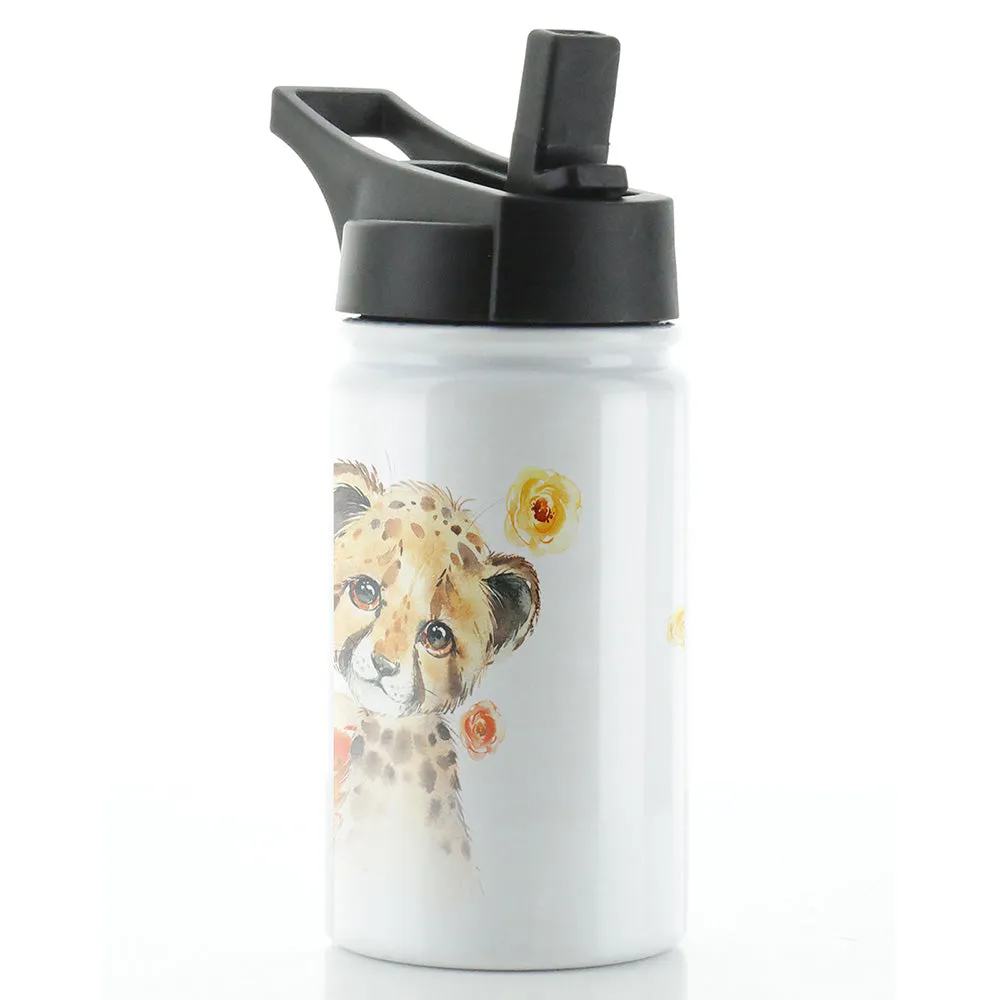 Personalised Leopard Red Flowers and Name White Sports Flask