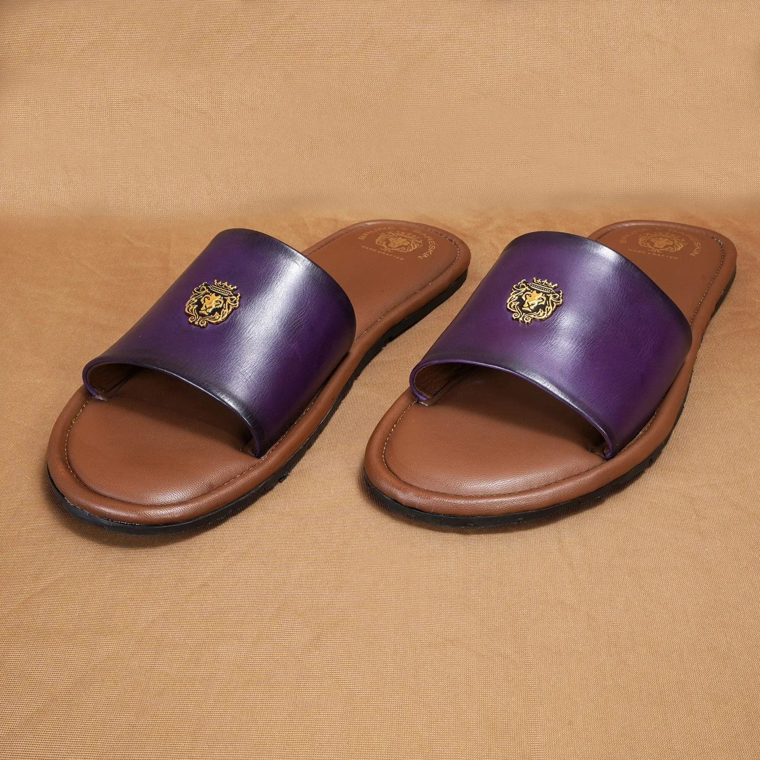 Purple Leather Signature Metal Lion Slide-In Slippers By Brune & Bareskin