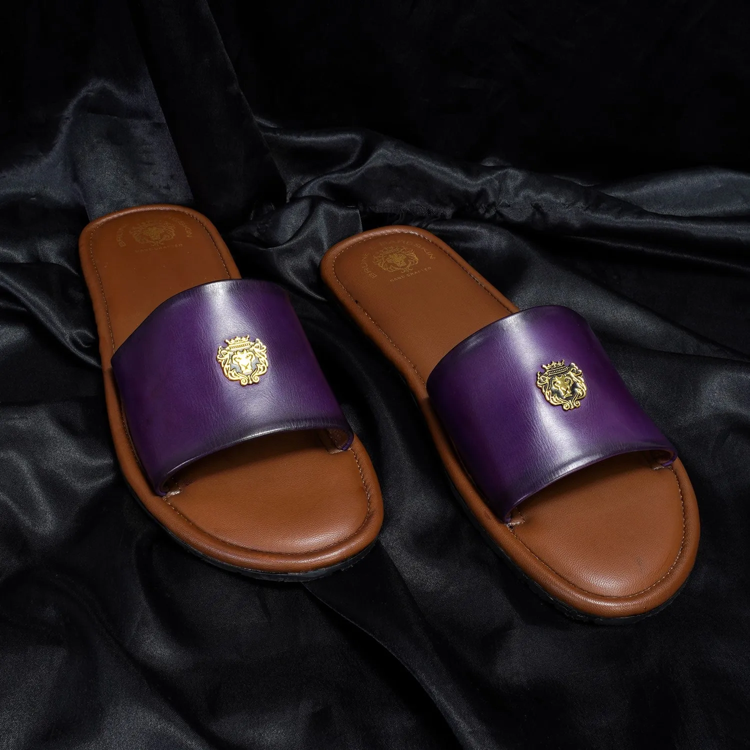 Purple Leather Signature Metal Lion Slide-In Slippers By Brune & Bareskin