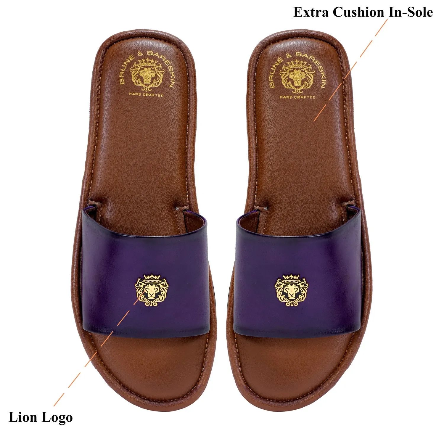 Purple Leather Signature Metal Lion Slide-In Slippers By Brune & Bareskin