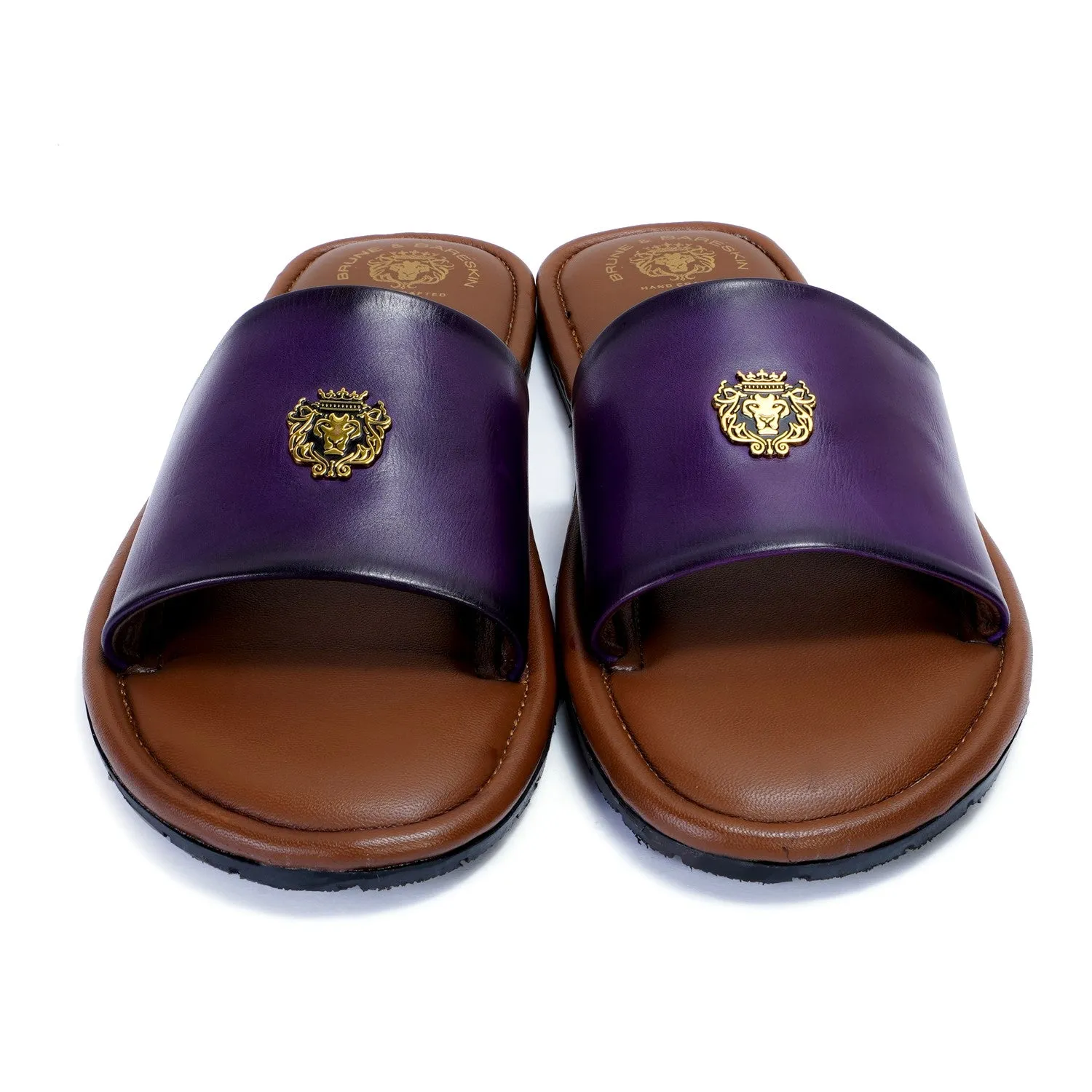Purple Leather Signature Metal Lion Slide-In Slippers By Brune & Bareskin