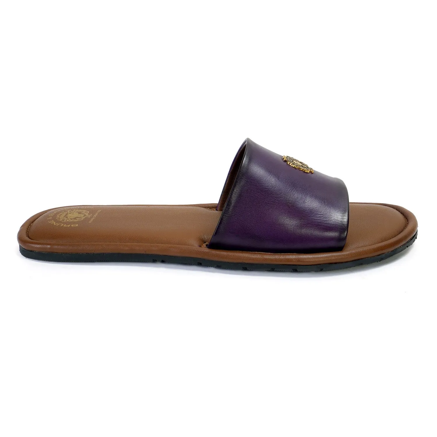 Purple Leather Signature Metal Lion Slide-In Slippers By Brune & Bareskin