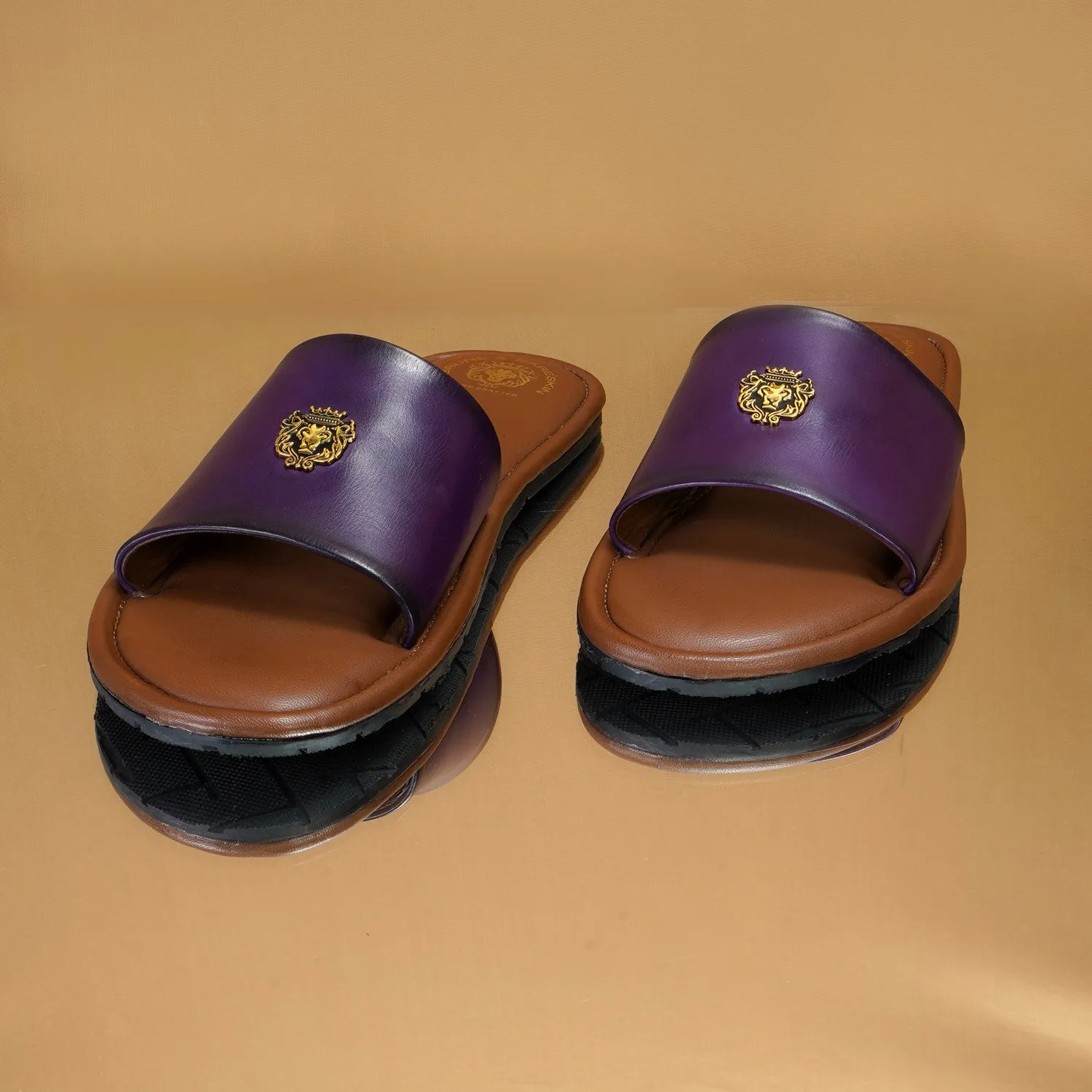 Purple Leather Signature Metal Lion Slide-In Slippers By Brune & Bareskin