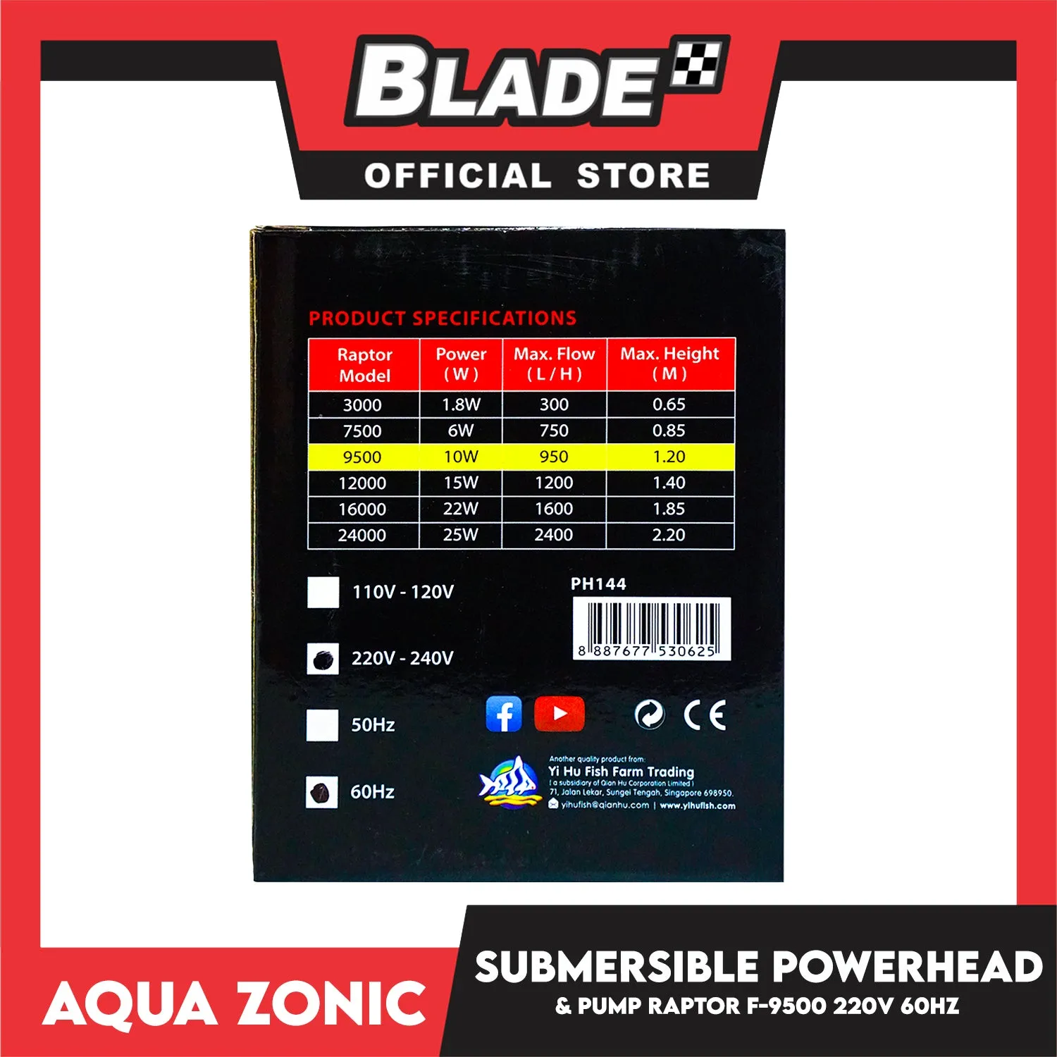 Raptor F-9500 Submersible Filter 10W, Max Flow 950, Max Height 1.20, 220V-240V 60Hz, Durable, Silent, Energy Saving And Strong Performance Fish Tank Filter