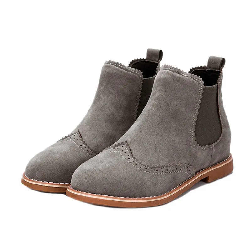 s Brand Women Ankle Boots Flat Heels Shoes Woman Suede Leather Boots Brogue Cut outs Slip on Black Gray Plus Size 40