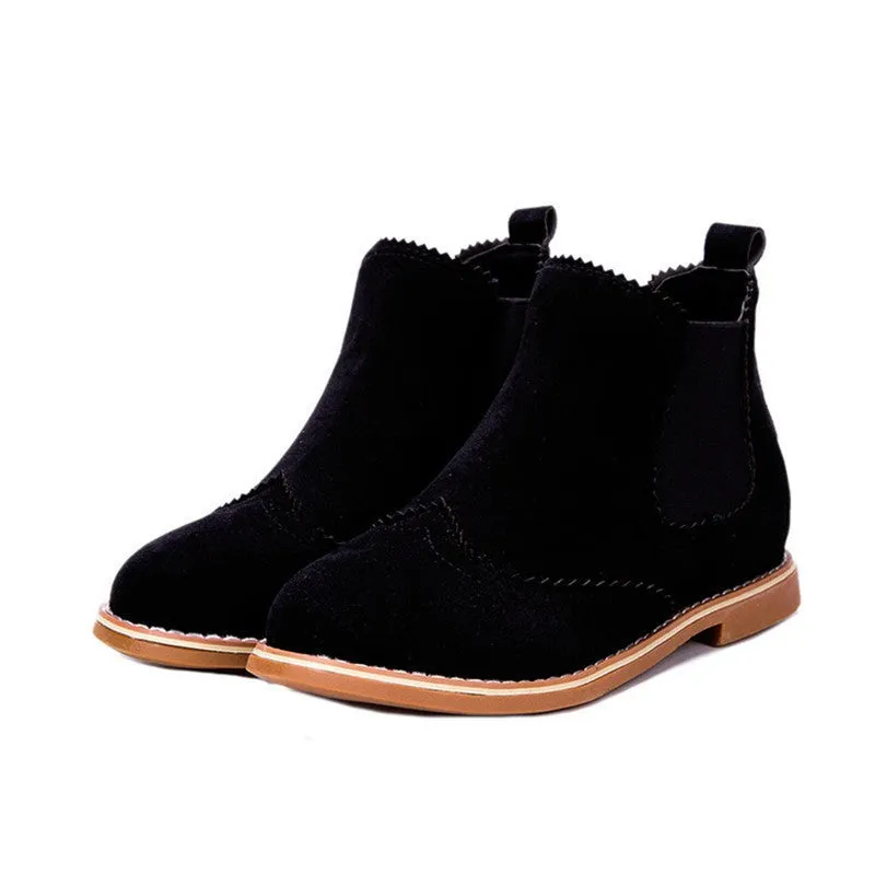 s Brand Women Ankle Boots Flat Heels Shoes Woman Suede Leather Boots Brogue Cut outs Slip on Black Gray Plus Size 40