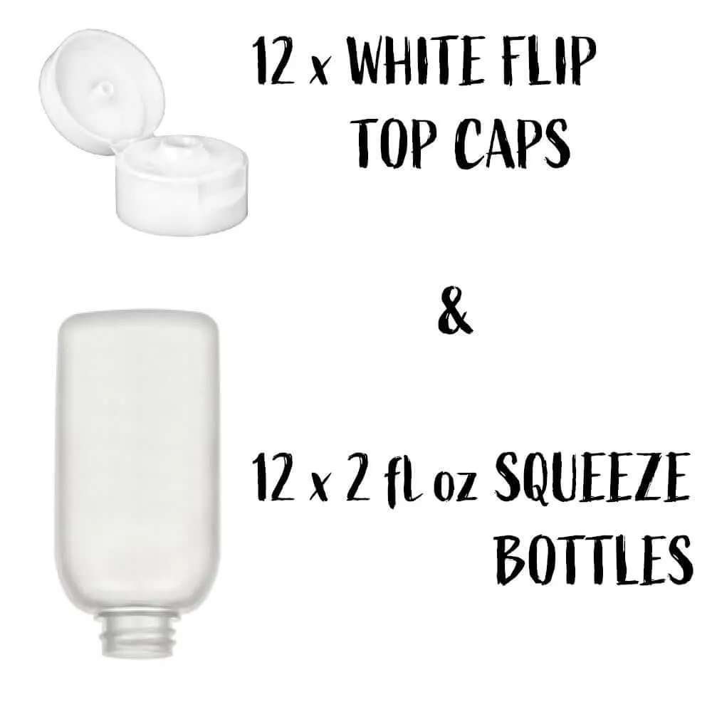 Semi-Opaque 2 oz. Squeezable Plastic Bottle and White Flip Top Cap, Set of 12