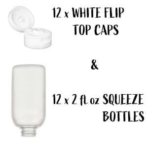 Semi-Opaque 2 oz. Squeezable Plastic Bottle and White Flip Top Cap, Set of 12