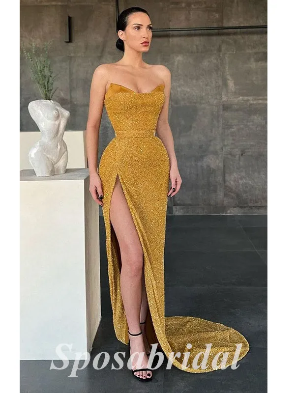 Sexy Sweetheart V-Neck sleeveless Side Slit Mermaid Long Prom Dresses,PD3651
