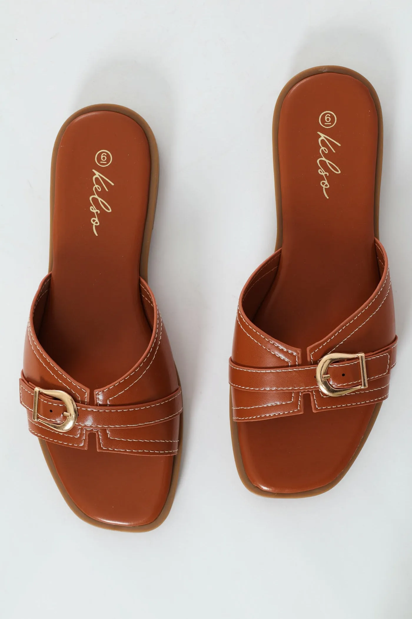 Square Toe Buckle Mule Sandal - Tan