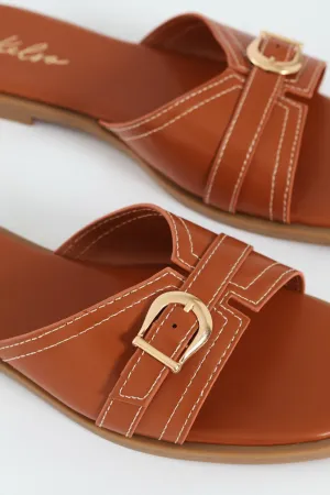 Square Toe Buckle Mule Sandal - Tan