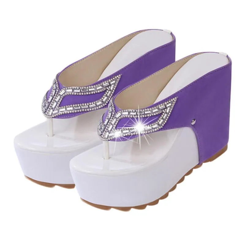 Thick Bottom Platform Flip Flops Rhinestone Wedge Heel Shoes Patchwork Woman Sandals XWZ1953