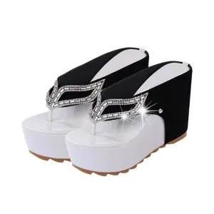 Thick Bottom Platform Flip Flops Rhinestone Wedge Heel Shoes Patchwork Woman Sandals XWZ1953