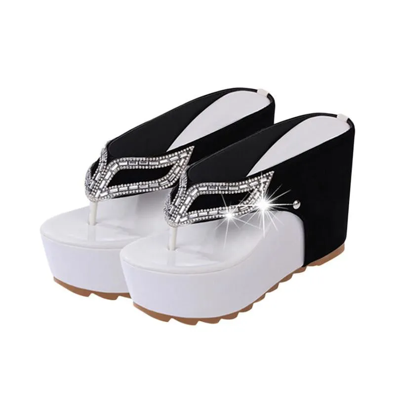 Thick Bottom Platform Flip Flops Rhinestone Wedge Heel Shoes Patchwork Woman Sandals XWZ1953