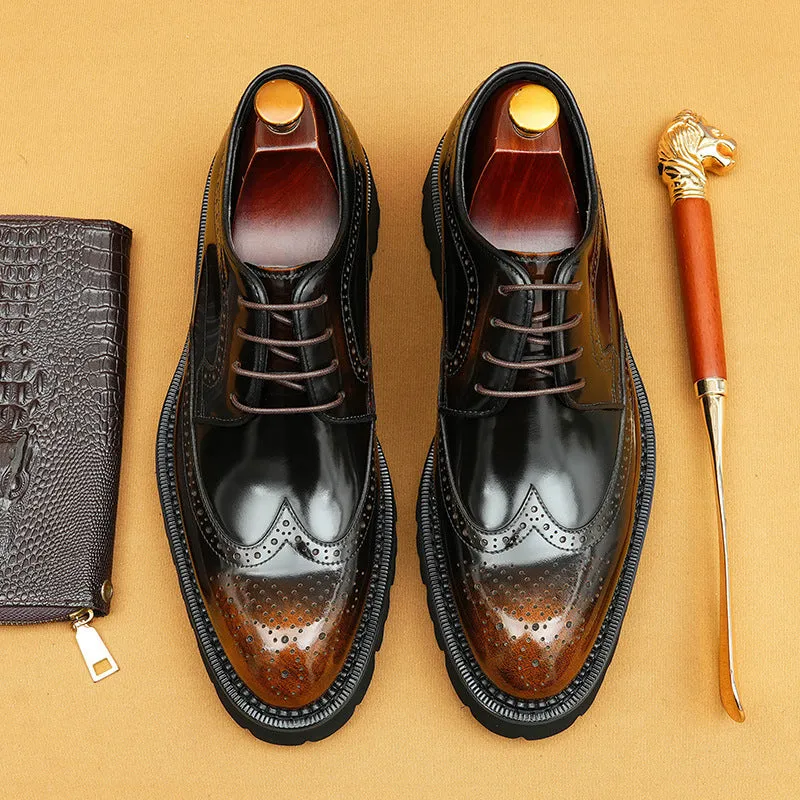Top Layer Cowhide Men's Leather Shoes Taobao Patent Leather Glossy Leather Shoes Men's British Style Carving Brogue Pointed Toe Platform Men's Shoes96128