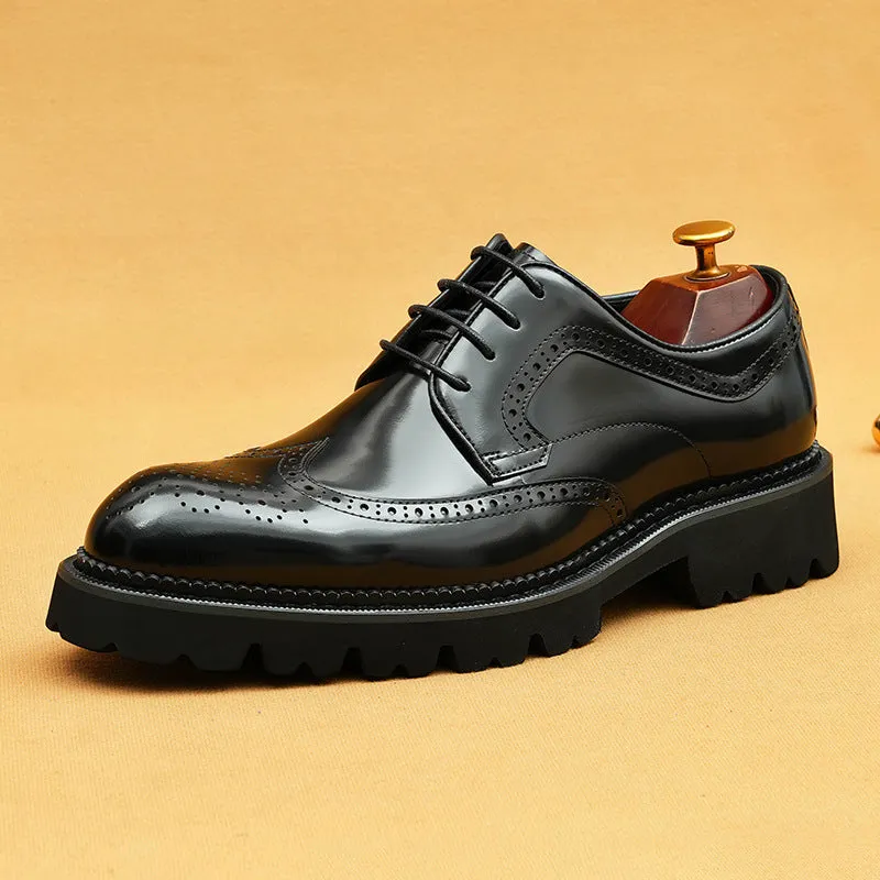 Top Layer Cowhide Men's Leather Shoes Taobao Patent Leather Glossy Leather Shoes Men's British Style Carving Brogue Pointed Toe Platform Men's Shoes96128