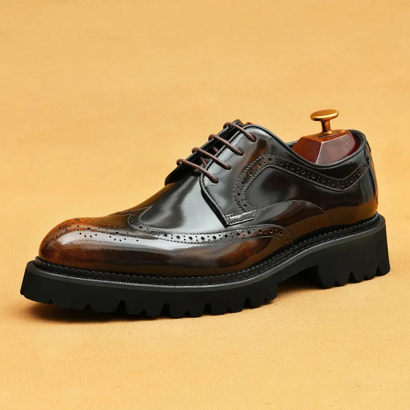 Top Layer Cowhide Men's Leather Shoes Taobao Patent Leather Glossy Leather Shoes Men's British Style Carving Brogue Pointed Toe Platform Men's Shoes96128