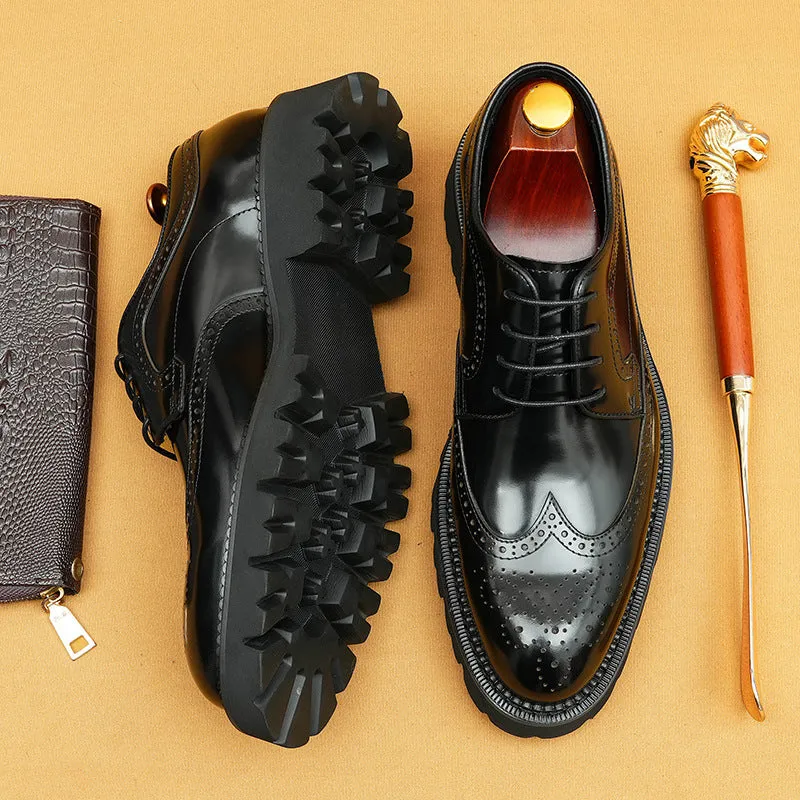Top Layer Cowhide Men's Leather Shoes Taobao Patent Leather Glossy Leather Shoes Men's British Style Carving Brogue Pointed Toe Platform Men's Shoes96128