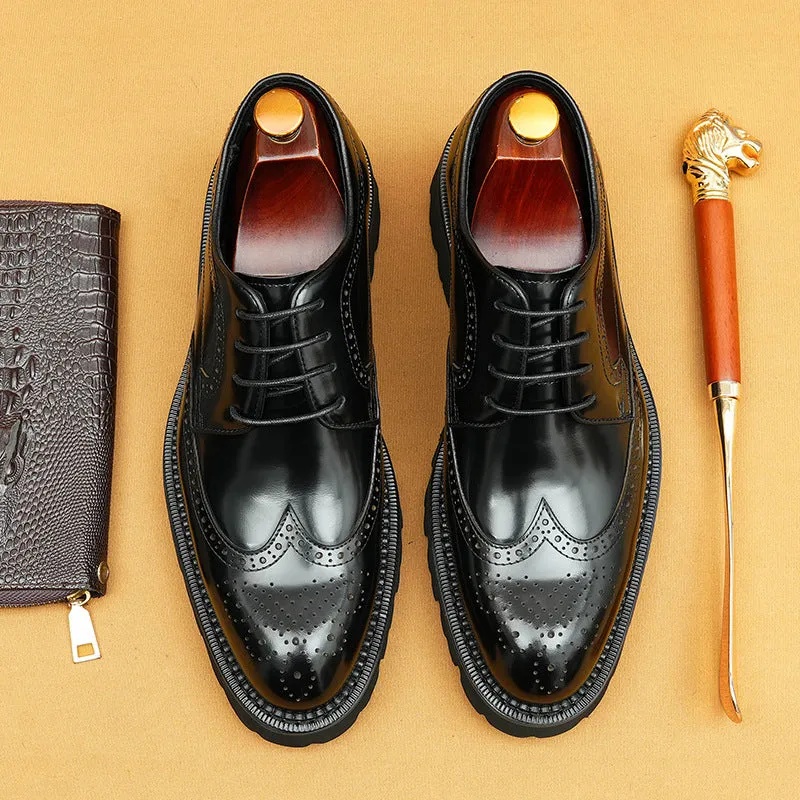 Top Layer Cowhide Men's Leather Shoes Taobao Patent Leather Glossy Leather Shoes Men's British Style Carving Brogue Pointed Toe Platform Men's Shoes96128