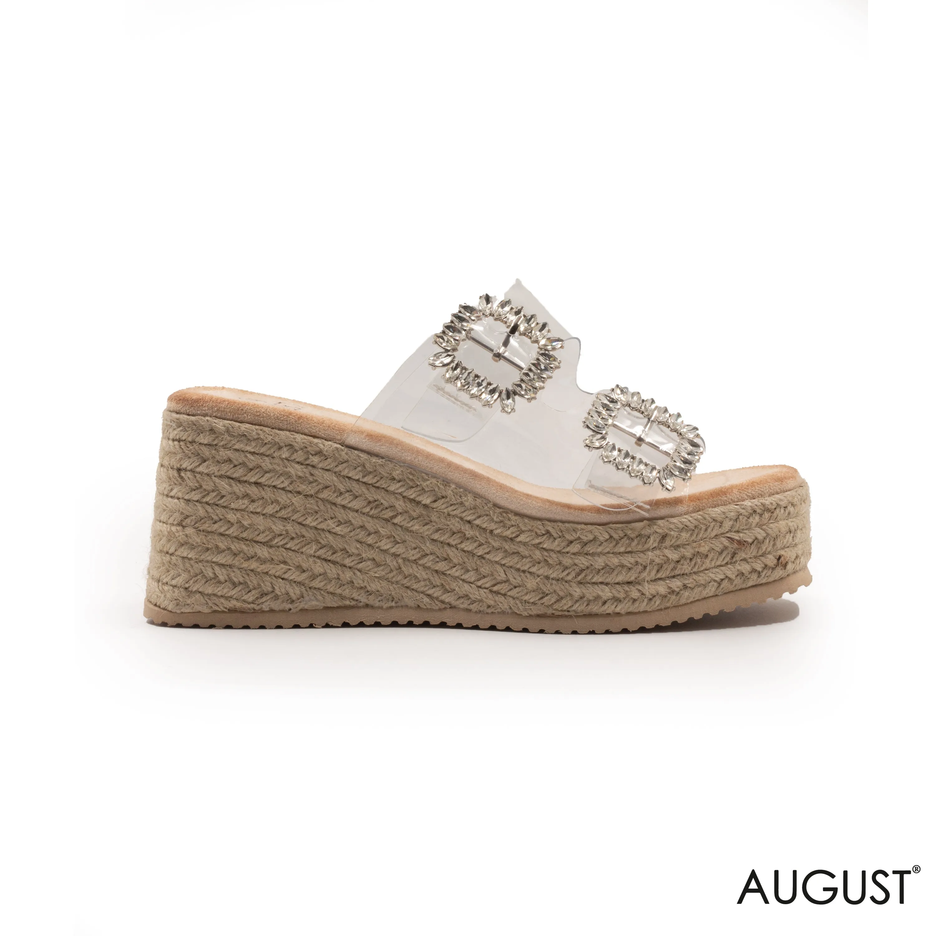 TRANSPARENT STRAPS,WEDGE SOLE WITH CRYSTAL BUCKLES