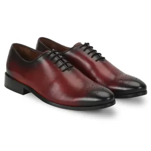 Wine Leather Whole Cut/One Piece Medallion Toe Oxford Formal Shoes By Brune & Bareskin